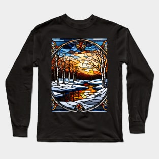 Stained Glass Window Snowy Winter Scene Long Sleeve T-Shirt